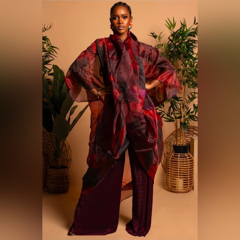 Elegant Sheer Red and Burgundy Kimono Set